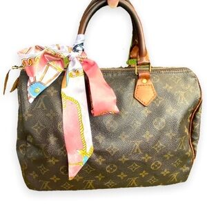 Louis Vuitton Brown Satchel with Pink Scarf
